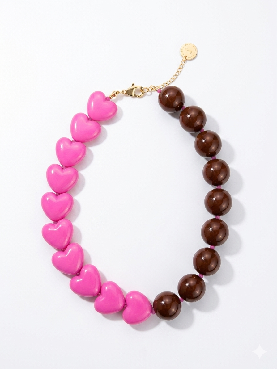 Candy Bom Mini Heart Necklace fuchsia and brown