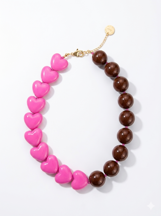 Candy Bom Mini Heart Necklace fuchsia and brown